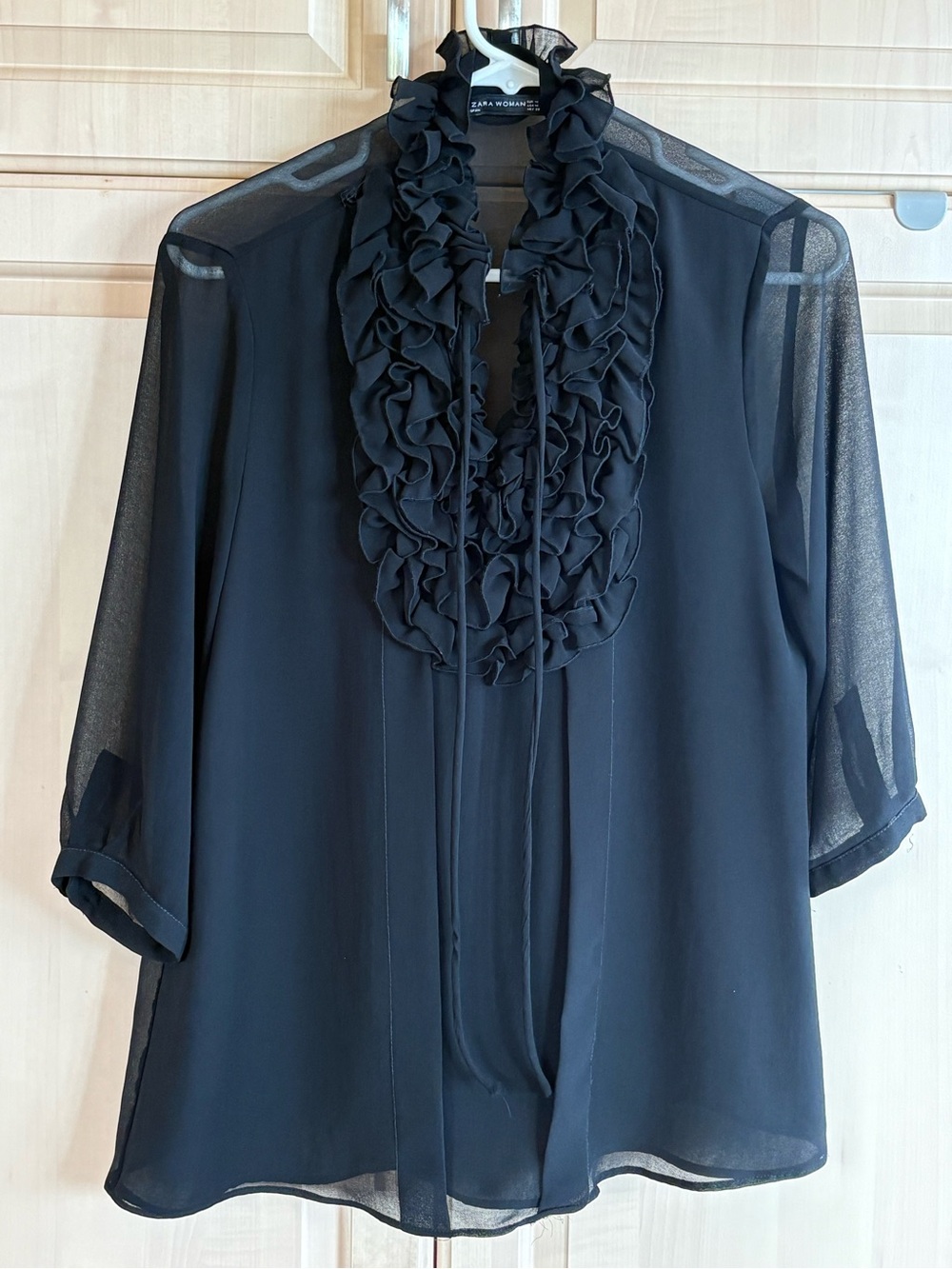 Zara Black Ruffle Tie-Neck Sheer Blouse